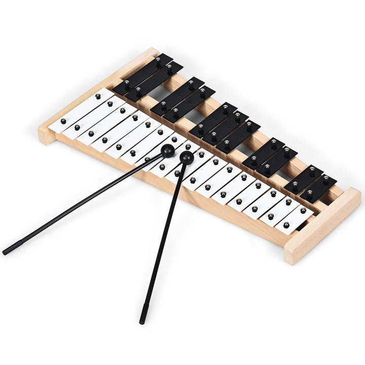 27-note glockenspiel with black and white aluminium bars, wooden frame and two mallets