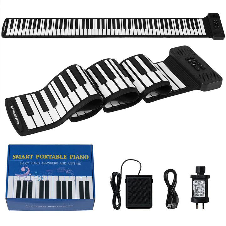 88-key black and white roll-up piano with sustain pedal, charging cable and power adapter