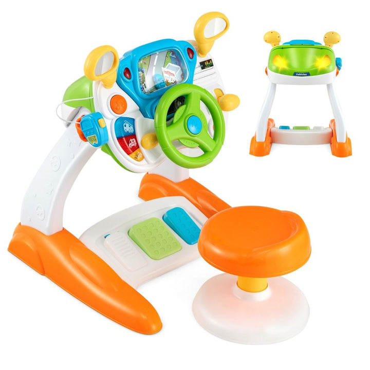 Simulated driving station with orange stool, shown from front and rear