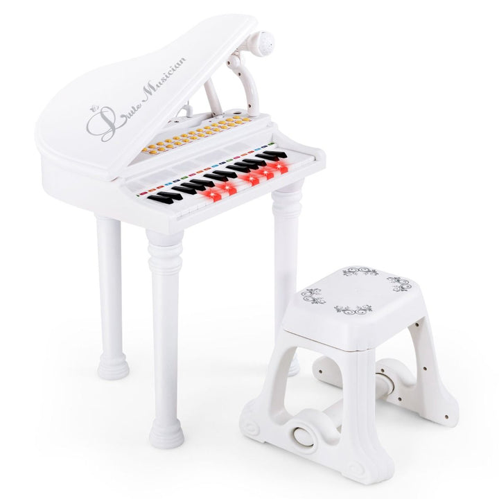 White 31-key kids piano with adjustable microphone and matching stool