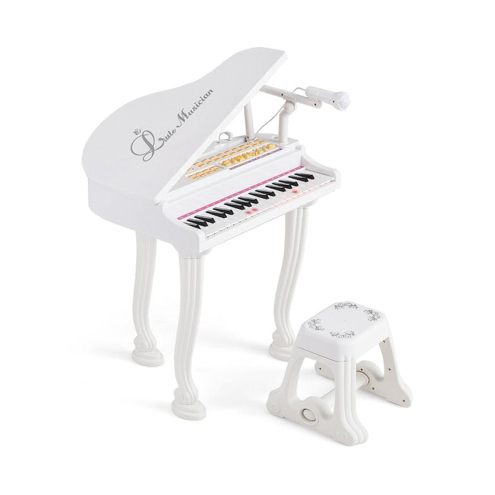 White 37-key grand-style kids piano with microphone and matching stool