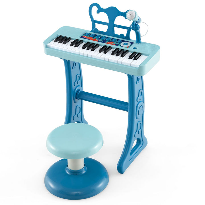 37-key blue kids keyboard with microphone, stand and round stool