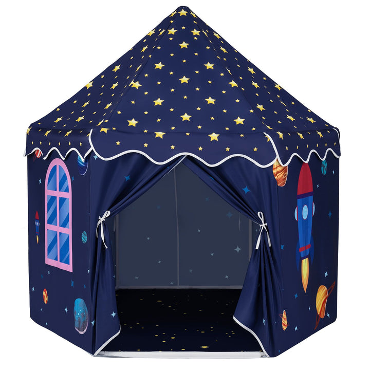 Empty blue space-themed play tent with tied-back curtains