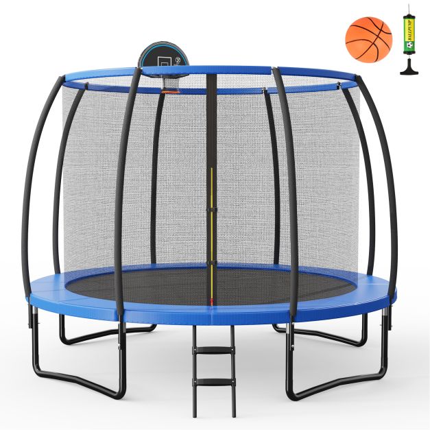 12 ft trampoline with curved enclosure poles, basketball hoop, ladder, ball and pump