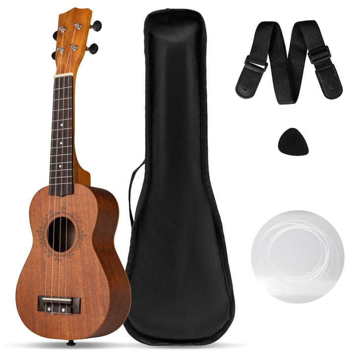 Mahogany soprano ukulele with gig bag, strap, pick and four spare strings
