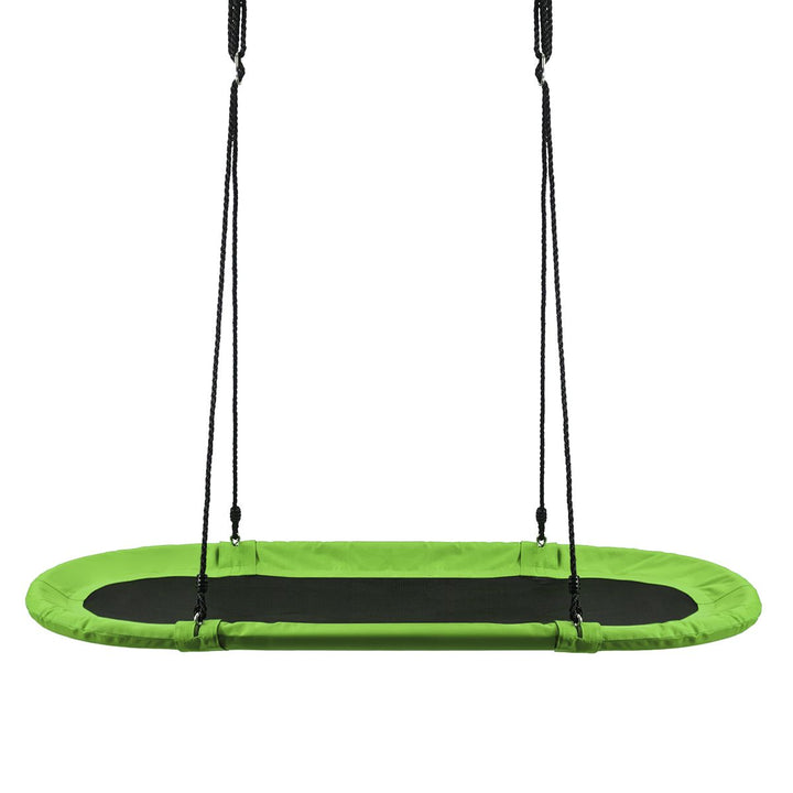 Green oval swing with black fabric seat