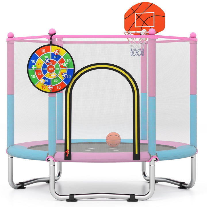 Pink and light-blue trampoline with basketball hoop and target