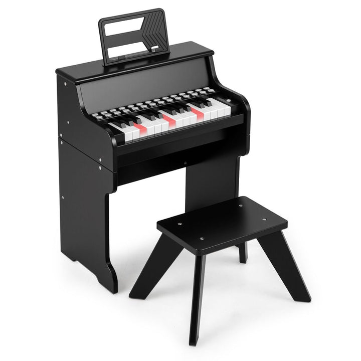 Black 25-key upright toy piano and stool with light-up keys, view 3