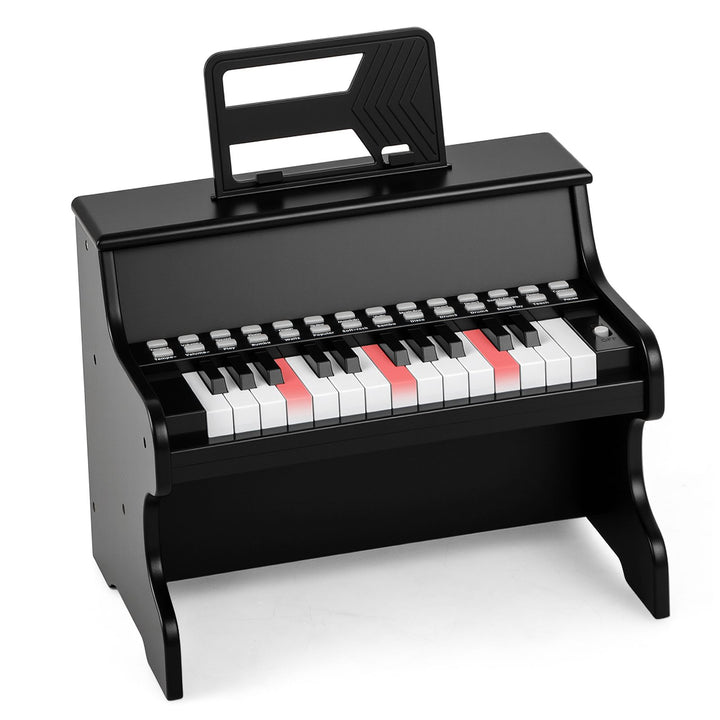 Black 25-key upright toy piano with light-up teaching keys, view 3