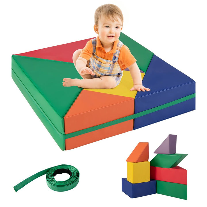 7-Piece Geometric Foam Play Set with Storage Strap – seven foam shapes arranged together with storage strap