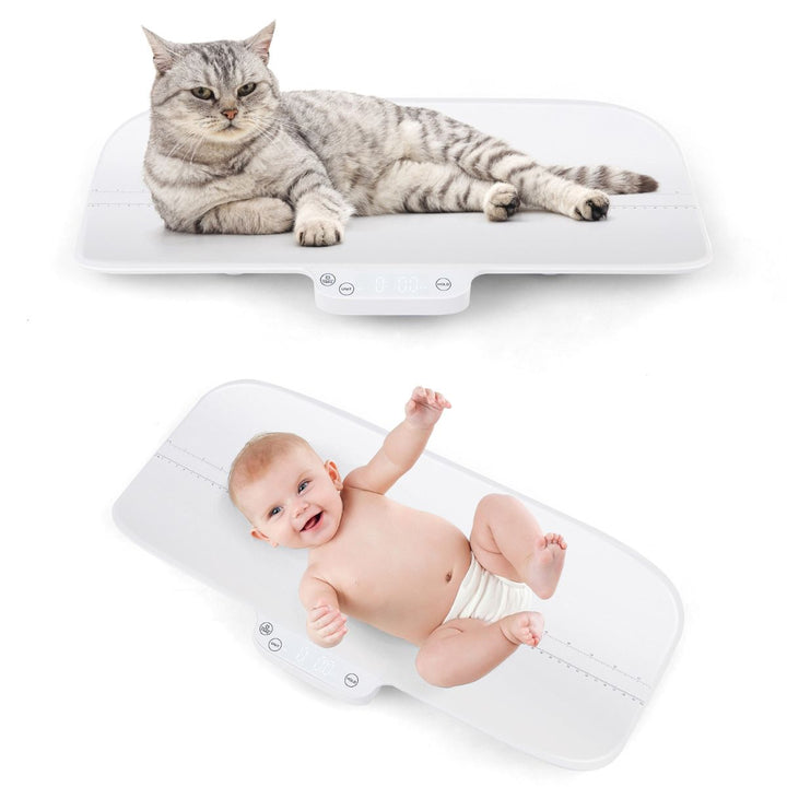 Two views of the white digital scale with a cat and a baby on its curved tray, showing ruler markings and front controls