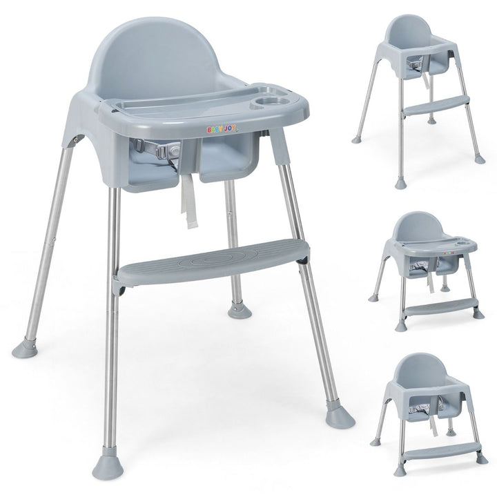 Grey convertible high chair with removable double tray - product and configuration details