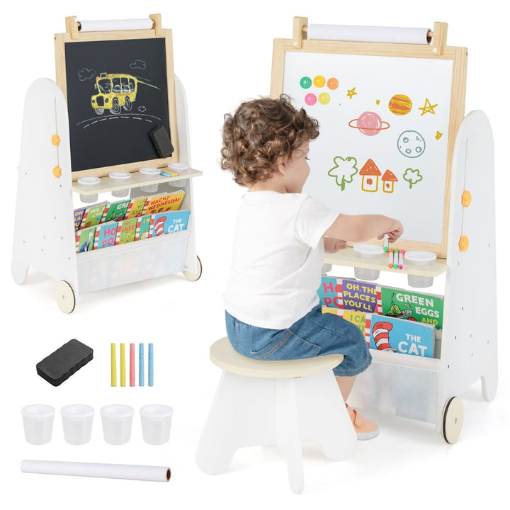 Natural and white easel and stool with drawing accessories