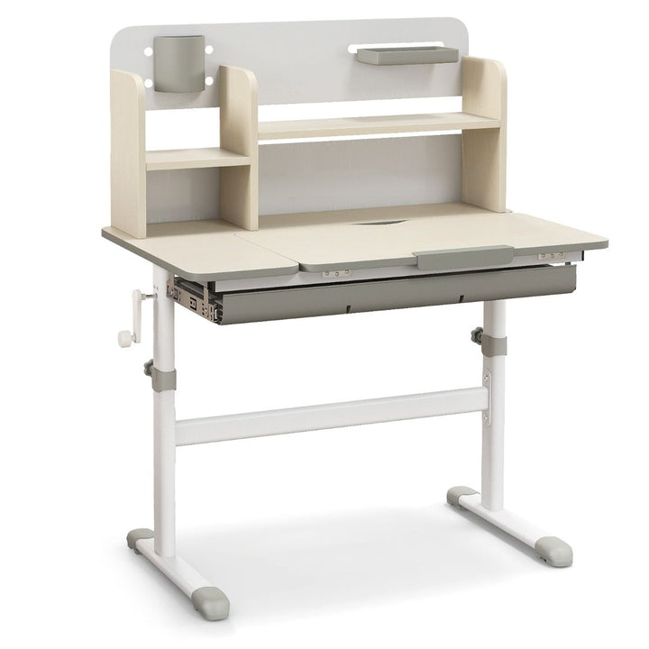 Adjustable Kids Desk with Organiser Hutch and Tilting Top, Grey, view 2