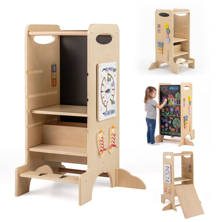 Adjustable Wooden Activity Tower with Chalkboard and Games – activity tower and removable chalkboard