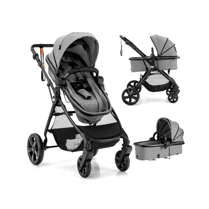 Grey reversible stroller, whole stroller and detachable seat views