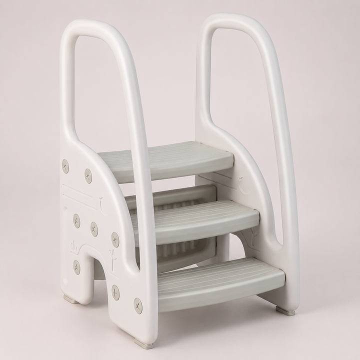 Grey and White three-step stool with tall side handles