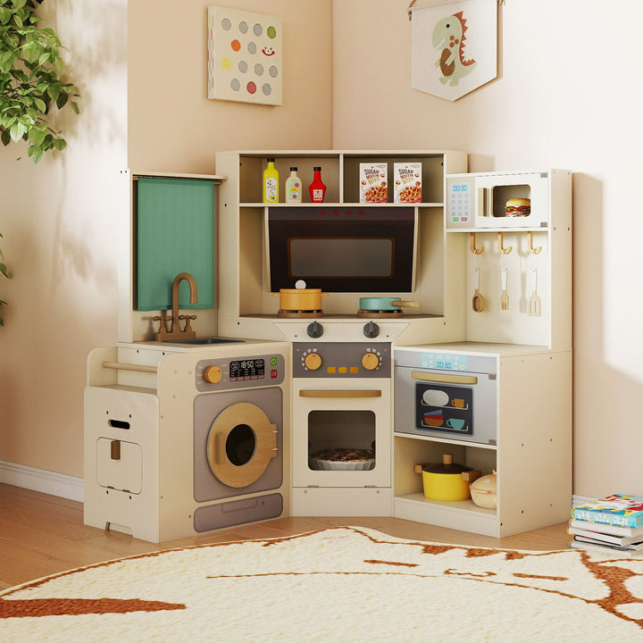 Corner Wooden Play Kitchen with Pull-Out Bin and Cookware in Beige, view 1