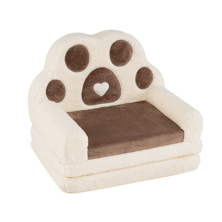 Brown and cream paw-back toddler sofa in seated configuration