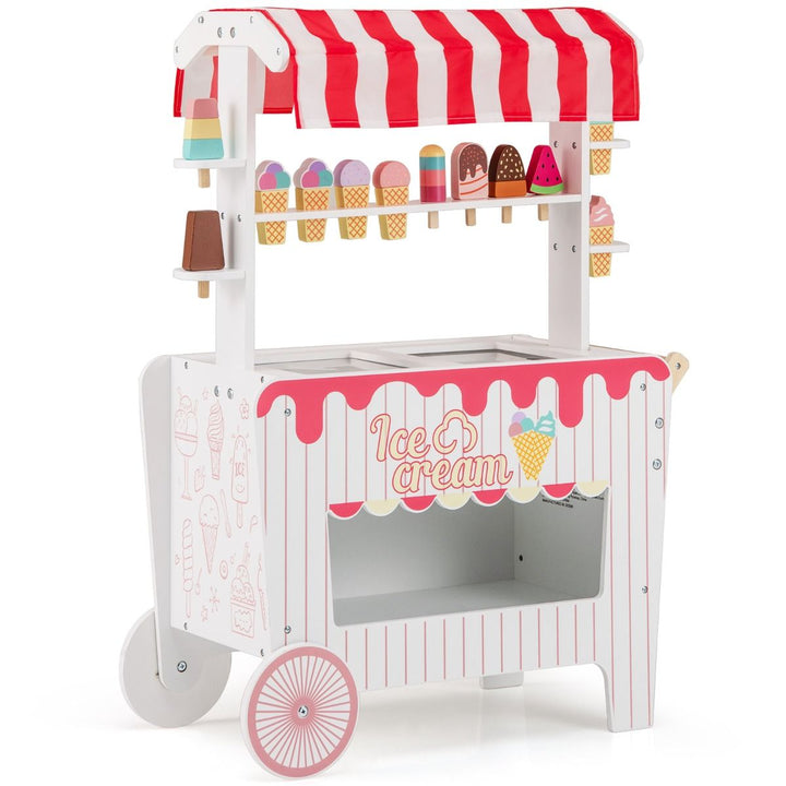 Red and white wooden ice cream play cart with canopy, display rack and pretend sweets