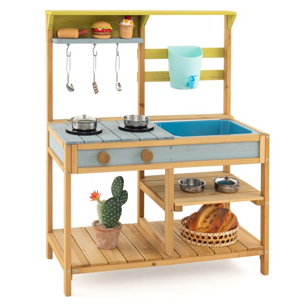 Natural, blue and yellow wooden mud kitchen with removable sink and refillable water-box tap; cookware and styling props are not included