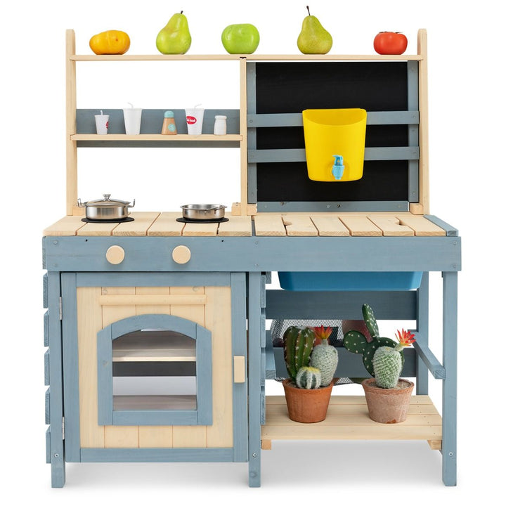 Blue and natural two-sided wooden kitchen shown in a styled play arrangement