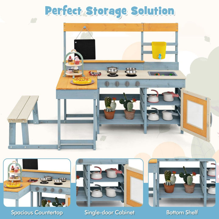 Grey mud kitchen with side dining bench, open storage and cupboard; extra props are not included