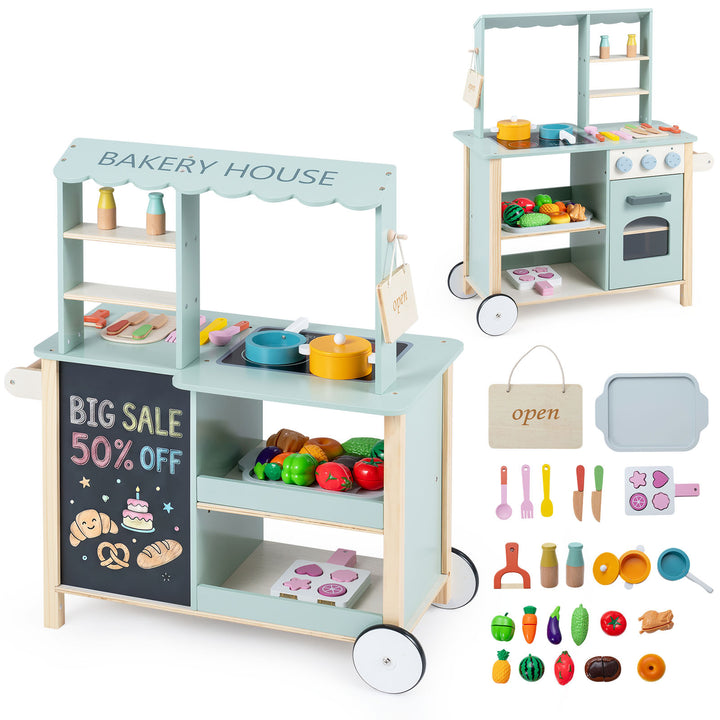 Wheeled Wooden Play Kitchen and Bakery Shop – Green