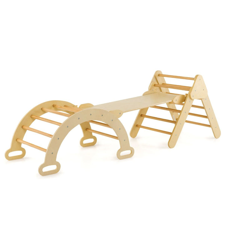Natural wooden climbing triangle, arch and ramp set, view 2