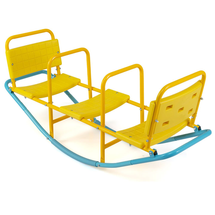Yellow and blue three-seat rocking seesaw, view 13