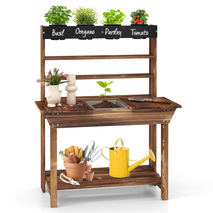 Kids Wooden Potting Bench with Four Pots and Chalkboard, Natural, styled overall view