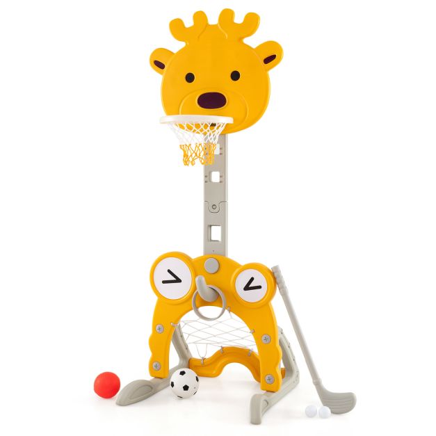 Yellow and grey 4-in-1 sports stand with basketball hoop, soccer goal, golf club and balls