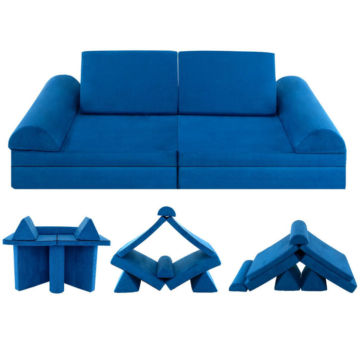 Blue modular foam play sofa with triangular back cushions, semicircular cushions and folding mats