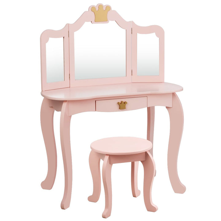 Pink crown-mirror vanity with crown drawer handle and round stool