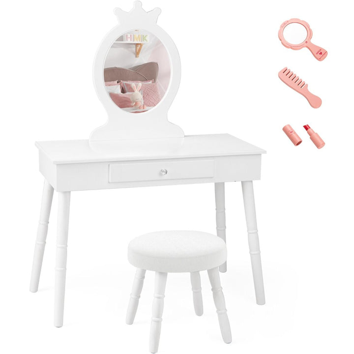 White oval-mirror vanity and padded stool, with pictured dressing-up accessories