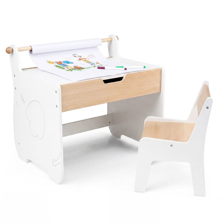 White elephant art table and natural-finish chair with paper roll shown as a prop