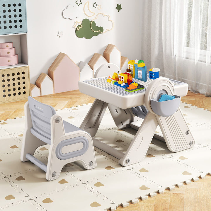 Beige and grey HY10309 activity table and chair shown with example building blocks
