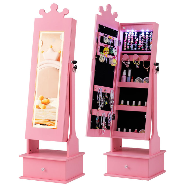 Pink kids lighted crown jewellery cabinet with tilting mirror and drawer shown open and closed as two views of one cabinet