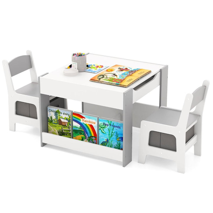 Kids Activity Table and Two Chairs with Side Bookshelves – Grey product view 2