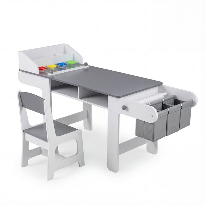 Grey and white kids art table and chair with paper roll and hanging storage bins, view 2