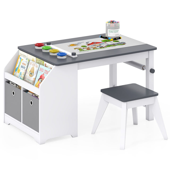 Kids art table and stool with paper roll and four paint cups