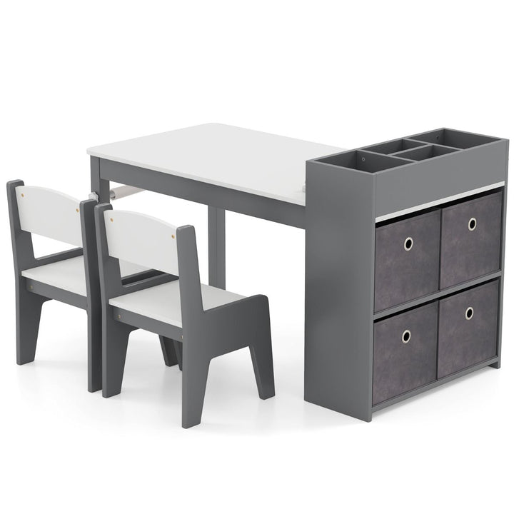 Kids Art Table and Two Chairs with Paper Roll and Four Bins – Grey view 2