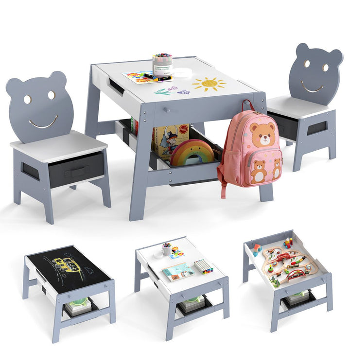 Grey flat-end activity table with bear chairs