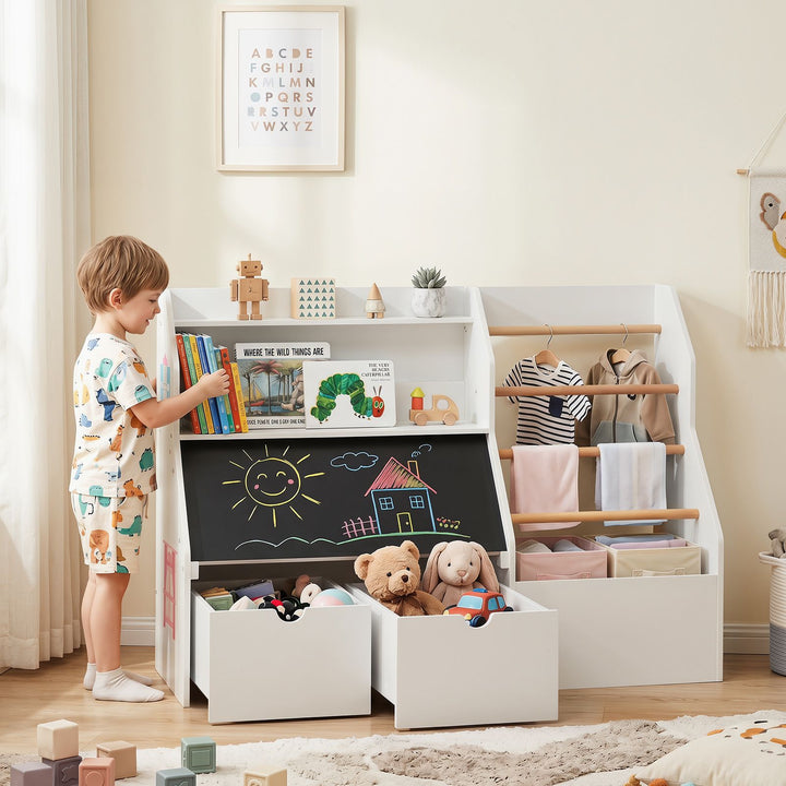 Kids Book and Toy Storage with Flip-Up Blackboard – White product view 1