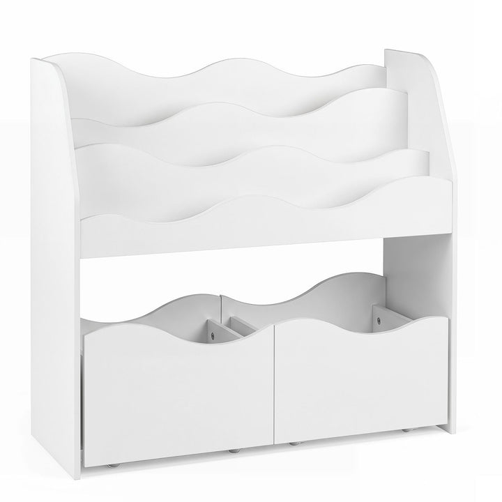 Kids Book Display with Two Rolling Toy Drawers – White display and drawers hero