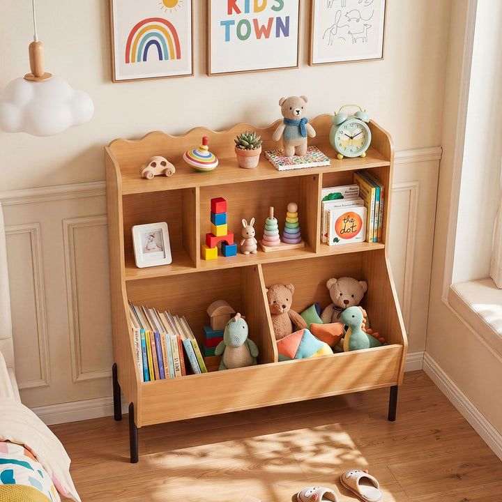 Kids Bookcase with Five Storage Spaces and Metal Legs – Natural product view 1
