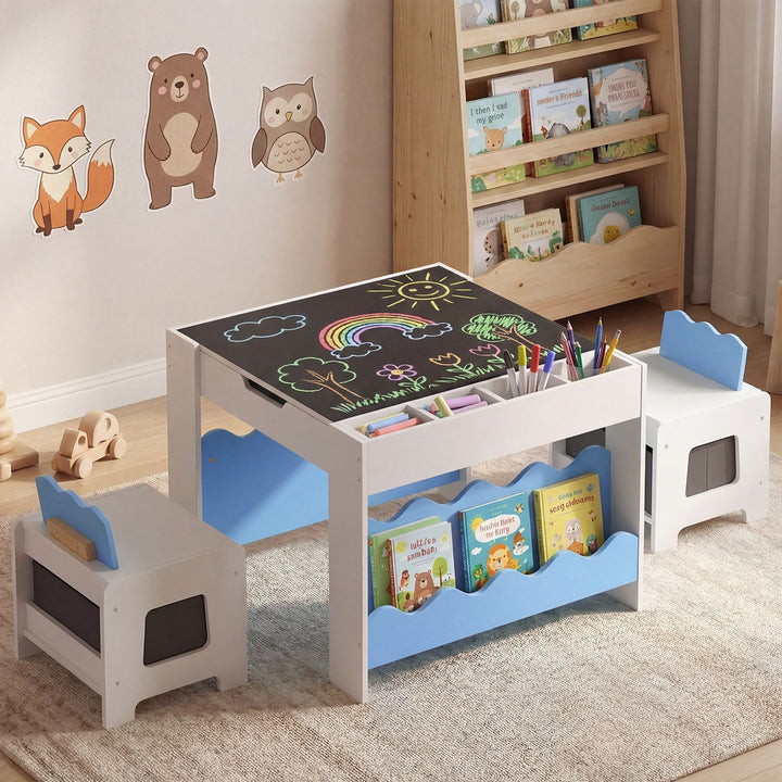Kids Chalkboard Table and Two Chairs with Bookshelves – Blue view 1