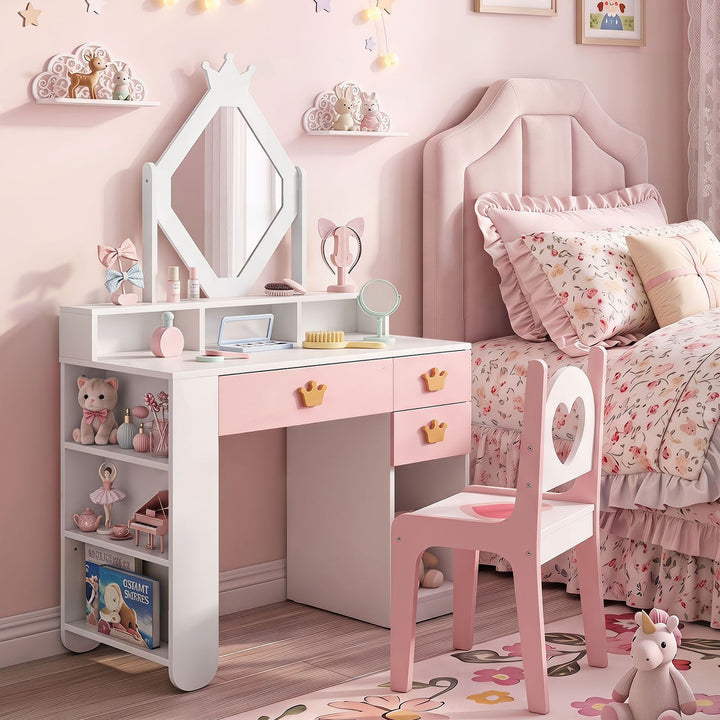 Kids Crown-Mirror Vanity and Chair with Side Shelves – Pink & White product view 1