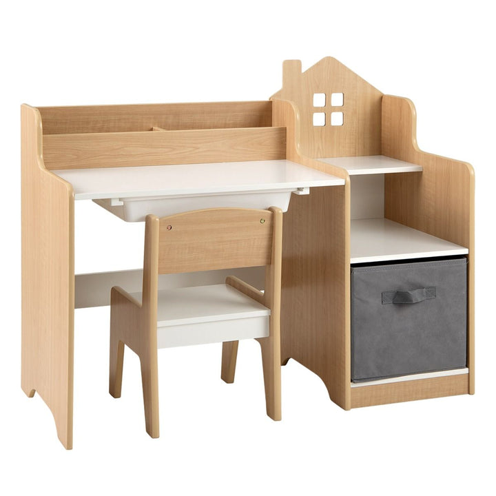 Kids Desk and Chair Set with House-Shaped Storage – White and Natural desk set hero