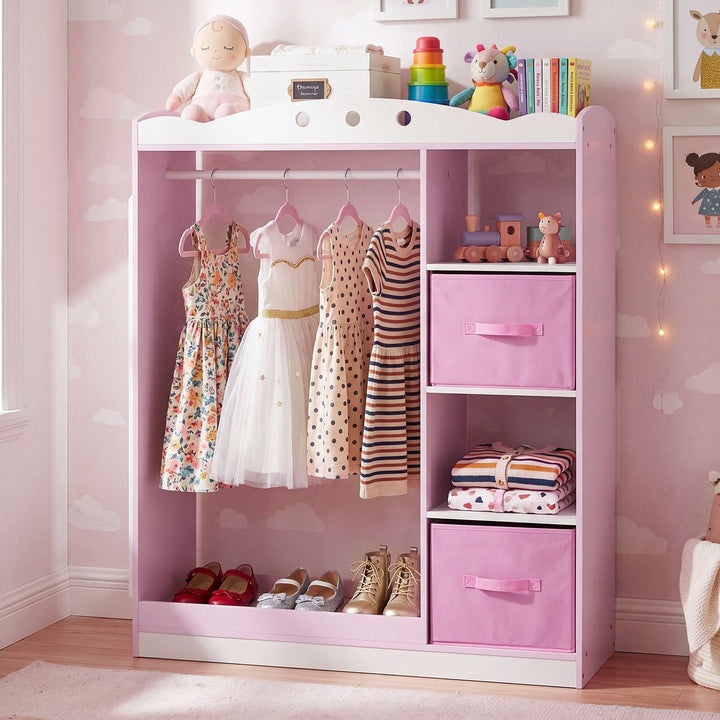 Kids Dress-Up Wardrobe with Mirror and Fabric Drawers – Pink product view 1